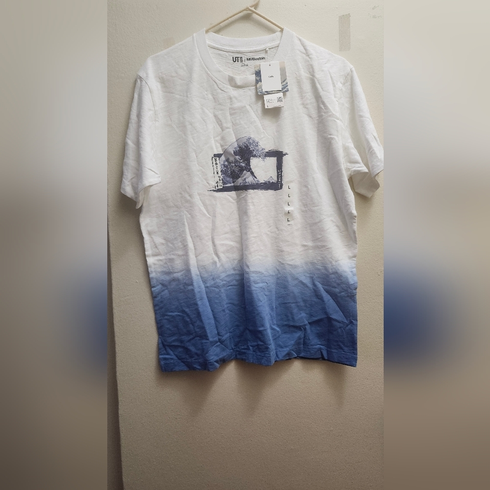 Uniqlo White Tee with Blue Wave Design
